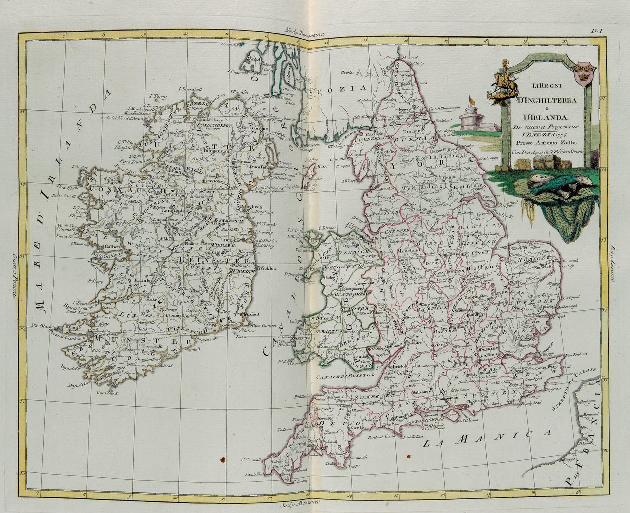 Os Reinos da Inglaterra e da Irlanda, gravada por G. Zuliani, tirada de Tomé do Novo Atlas publicada em Veneza em 1776 por Antonio Zatta, Coleção Particular de G. Zuliani