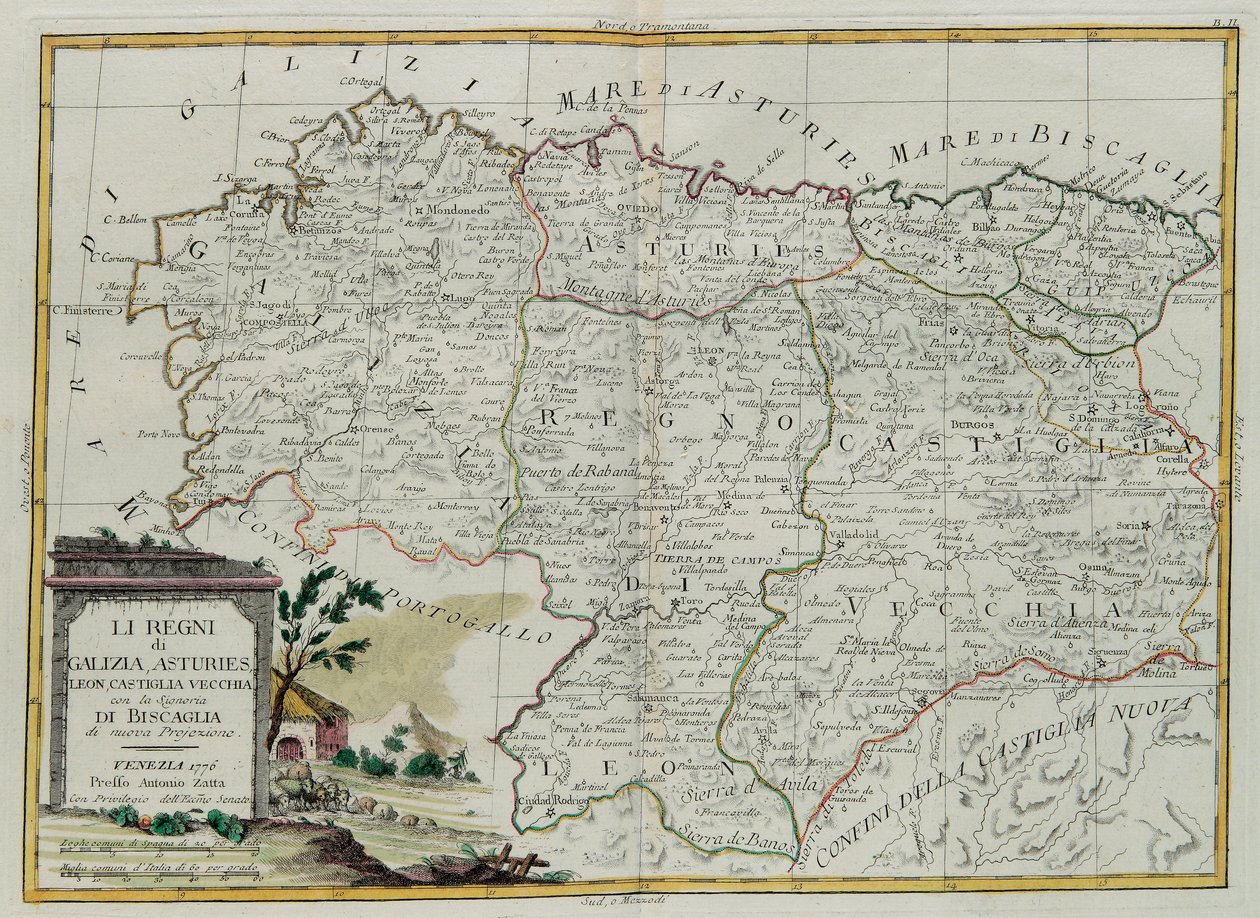 Os Reinos da Galiza, Astúrias, Leão, Castela Vieja com o Concílio de Biscallia, gravura de G. Zuliani tirada de Tomo I do Atlas mais Novo publicada em Veneza em 1776 por Antonio Zatta, Priva de G. Zuliani