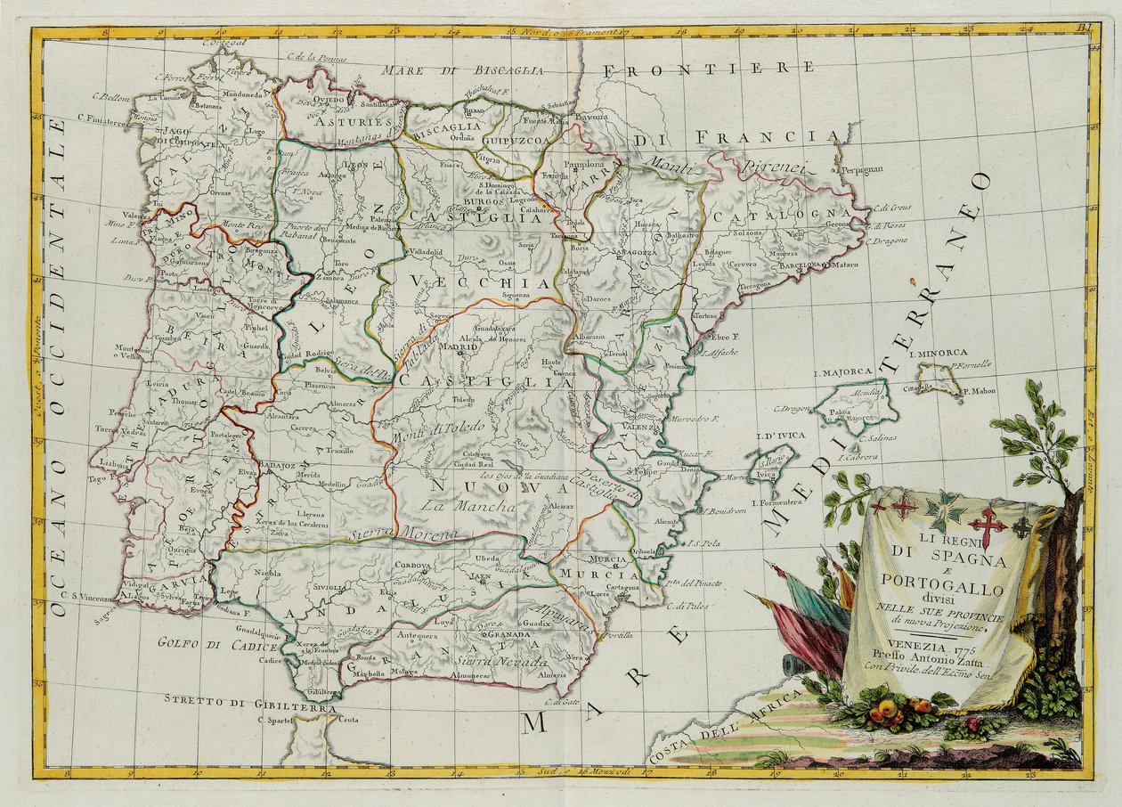Os Reinos da Espanha e de Portugal dividiram-se em suas províncias, gravadas por G. Zuliani, tiradas de Tomé do Novo Atlas, publicado em Veneza em 1775 por Antonio Zatta, Coleção Particular. de G. Zuliani