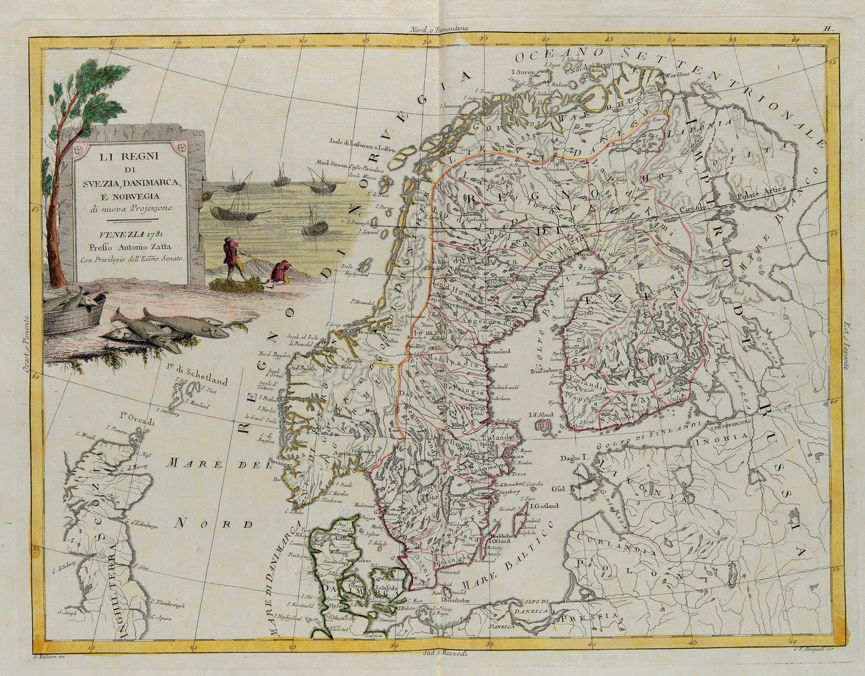 Os Reinos da Suécia, Dinamarca e Noruega, gravura de G. Zuliani tirada de Tome III do "Atlas Mais Novo" publicado em Veneza em 1781 por Antonio Zatta, Coleção Particular de G. Zuliani