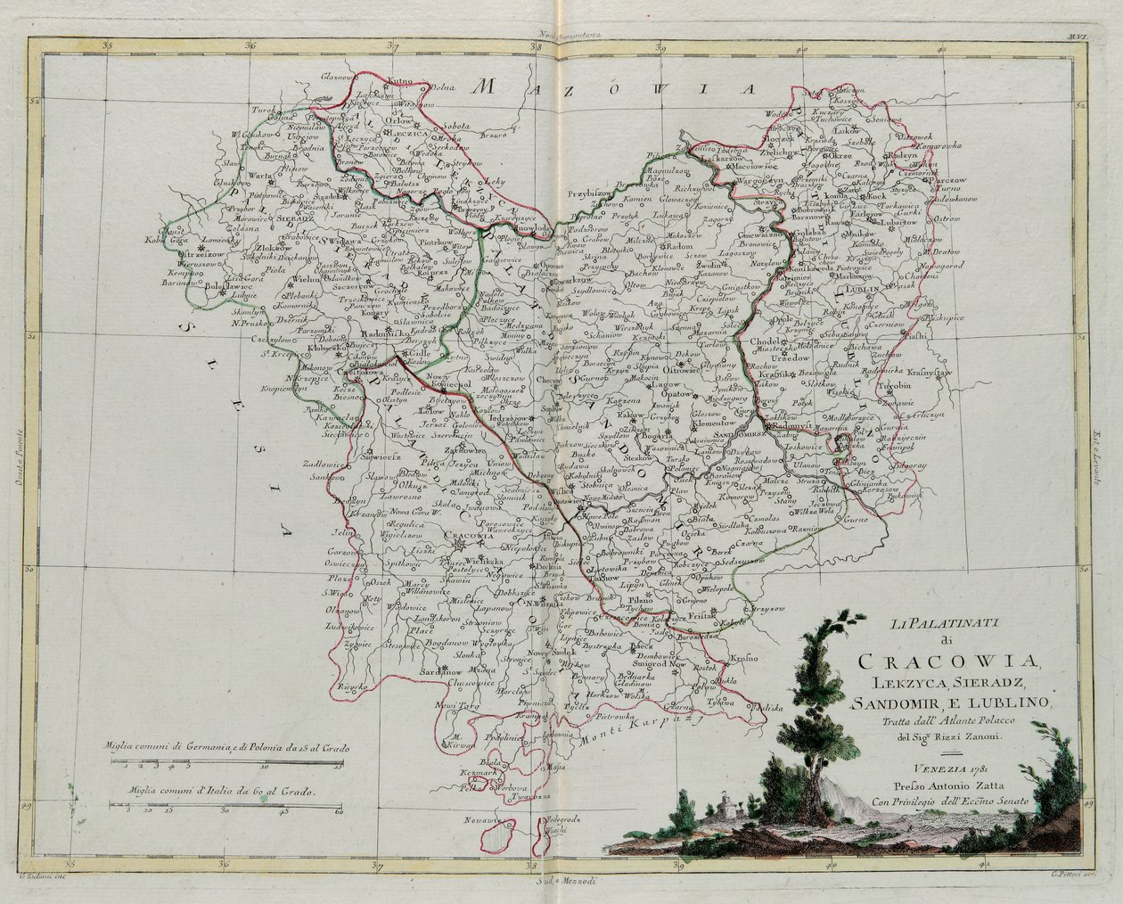 Os Palatinos de Krakov, Lekzyca, Sieradz, Sandomir e Lublin, gravura de G. Zuliani tirada de Tome III do "Atlas Mais Novo" publicado em Veneza em 1781 por Antonio Zatta, Coleção Particular de G. Zuliani