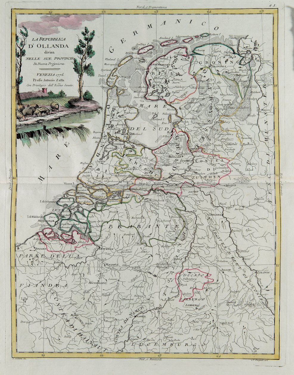 A República da Holanda dividida em suas províncias, gravada por G. Zuliani tirada de Tomé do Novo Atlas publicada em Veneza em 1776 por Antonio Zatta, Coleção Particular de G. Zuliani