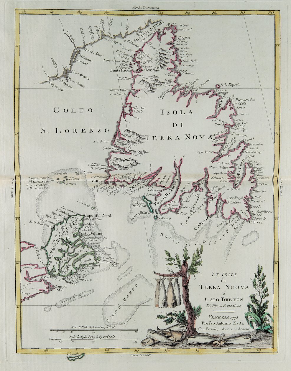 As ilhas da Terra Nova e do Cabo Bretão, gravura de G. Zuliani tirada de Tome I do "Atlas Mais Novo" publicado em Veneza em 1778 por Antonio Zatta, Coleção Particular de G. Zuliani