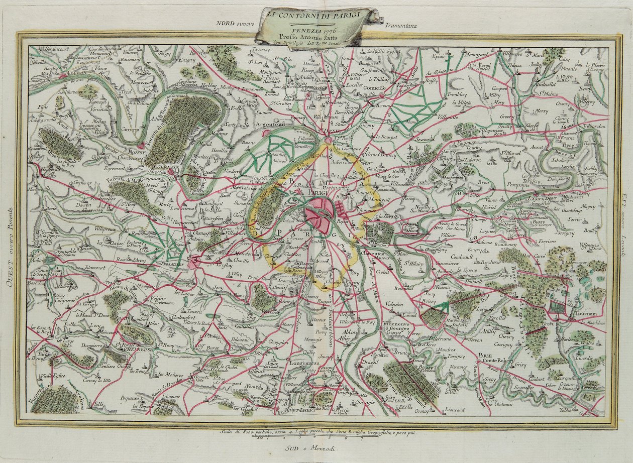 O contorno de Paris, Os Governos da França e Orleans, gravura de G. Zuliani, tirada de Tomé do Novo Atlas publicada em Veneza em 1776 por Antonio Zatta, Coleção Particular de G. Zuliani