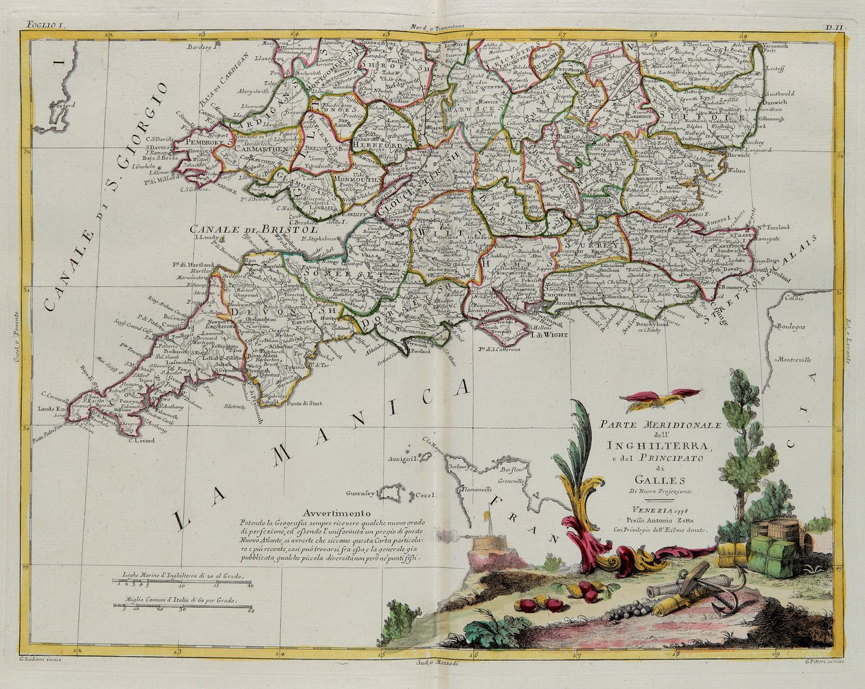 A parte meridional da Inglaterra e do Principado de Gales, gravada por G. Zuliani, tirada de Tome I do Atlas mais Novo, publicada em Veneza em 1778 por Antonio Zatta, Coleção Particular de G. Zuliani