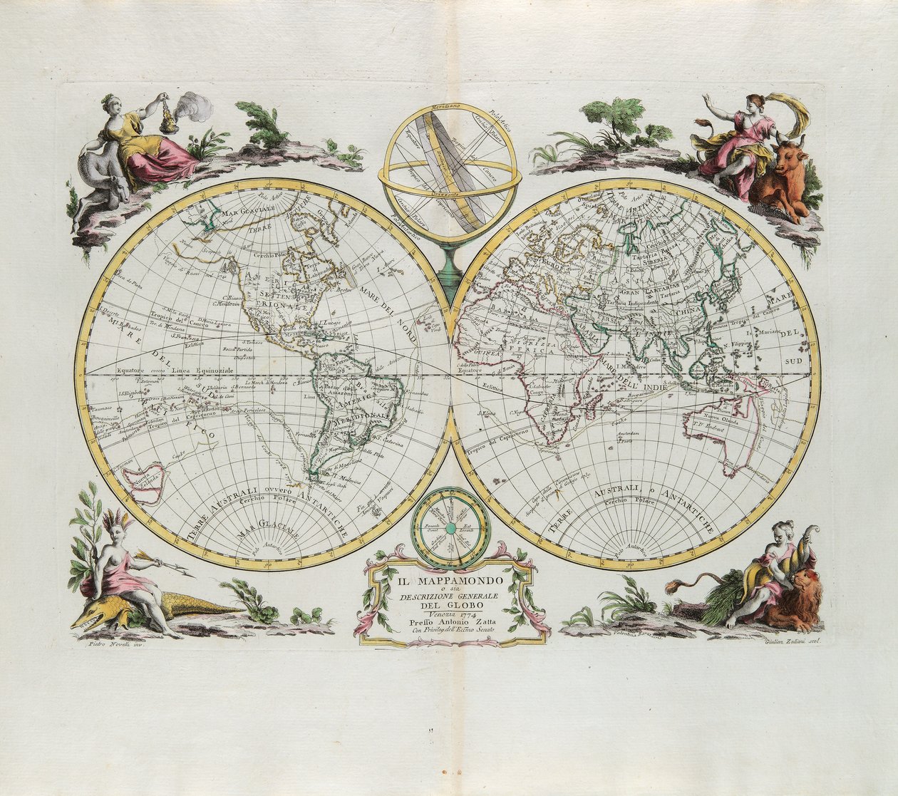 Mapa do mundo e uma descrição geral do globo, gravada por G. Zuliani tirada de Tomé do Novo Atlas publicada em Veneza em 1774 por Antonio Zatta de G. Zuliani