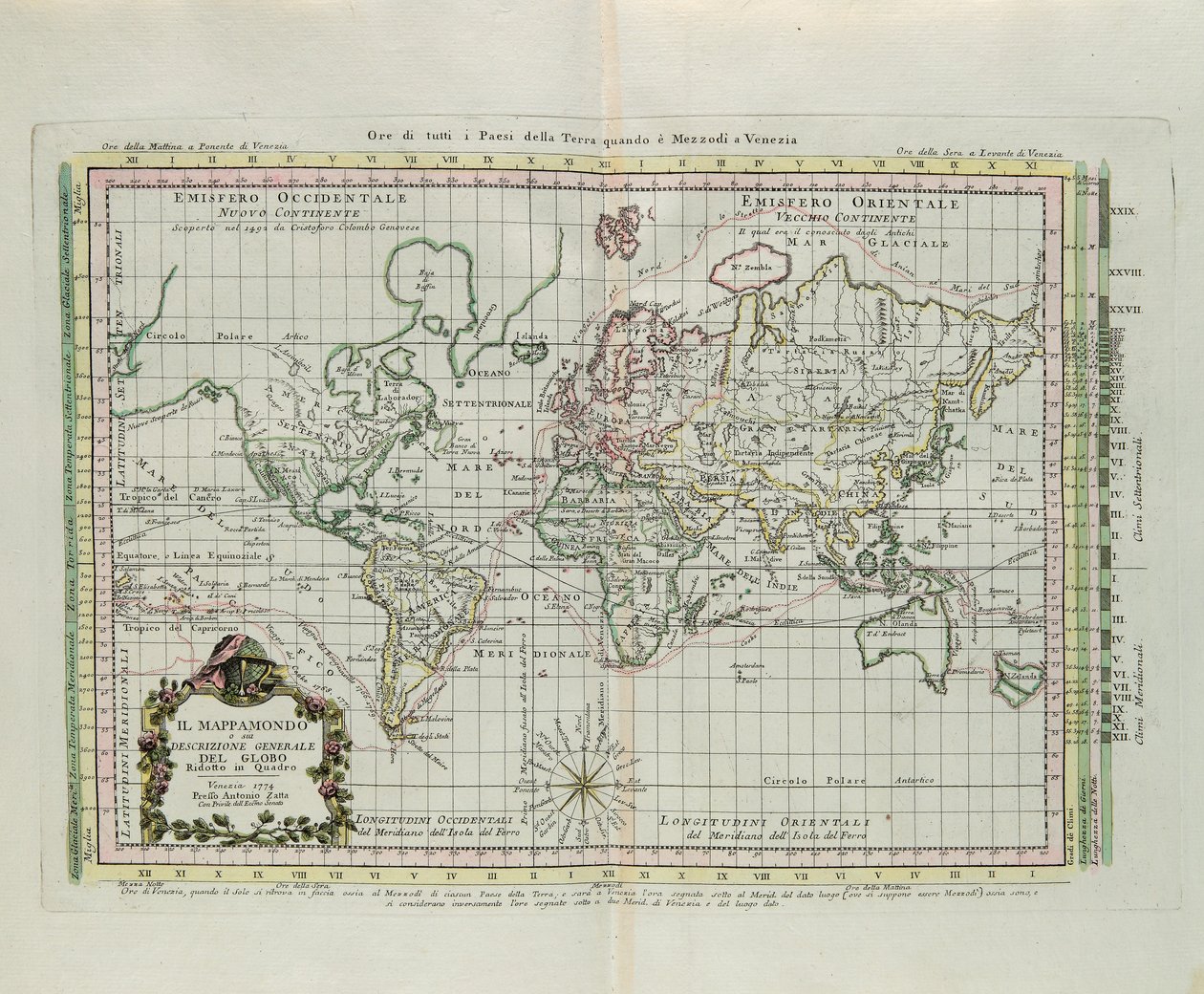 Mapa Mundial e uma descrição geral do globo terrestre, reduzida a uma imagem, gravada por G. Zuliani tirada de Tome I do "Atlas Mais Recente" publicado em Veneza em 1774 por Antonio Zatta de G. Zuliani