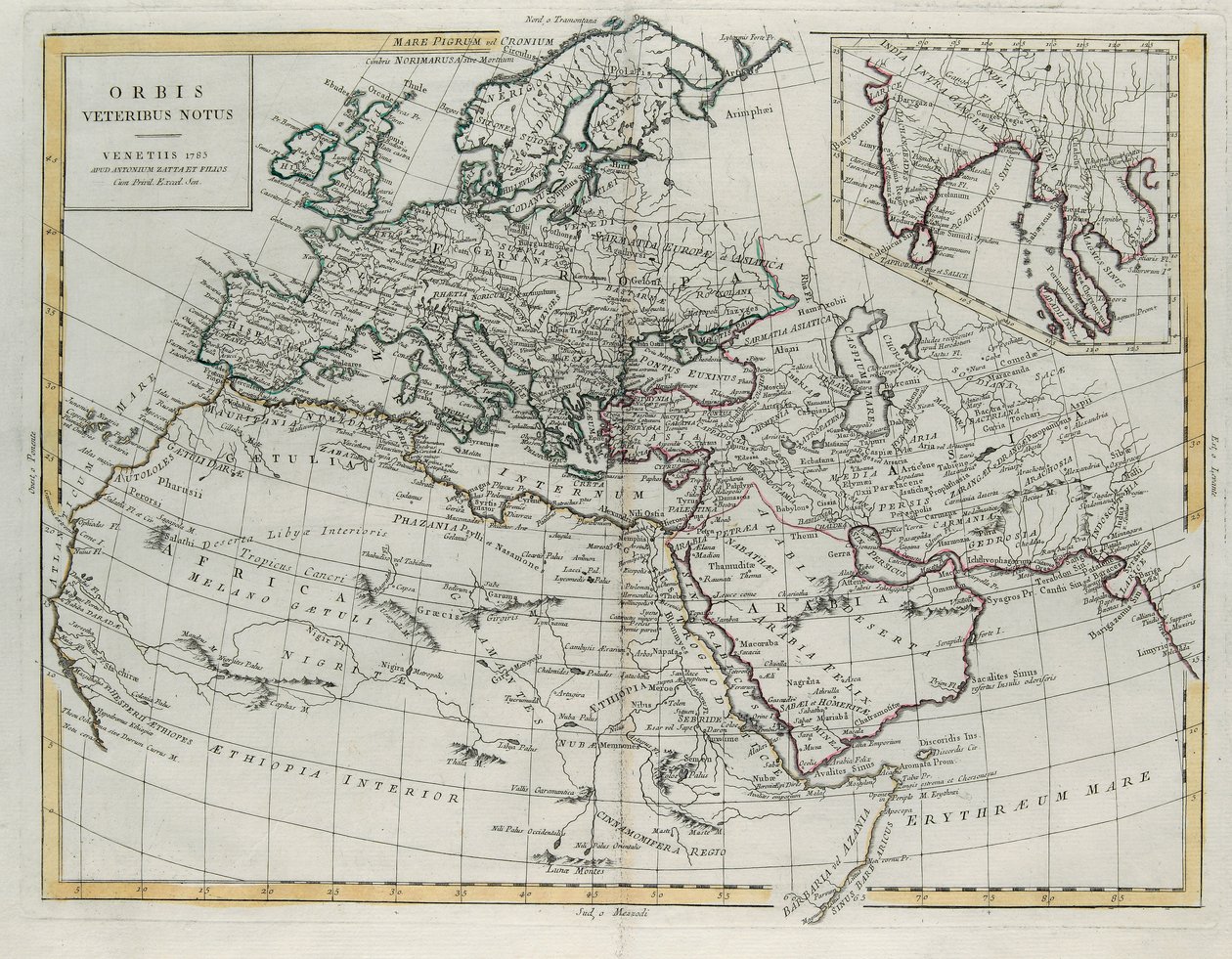 Mundo conhecido dos Antigos, gravura de G. Zuliani tirada de Tomo IV do Atlas mais Novo publicado em Veneza em 1785 por Antonio Zatta, Coleção Particular de G. Zuliani