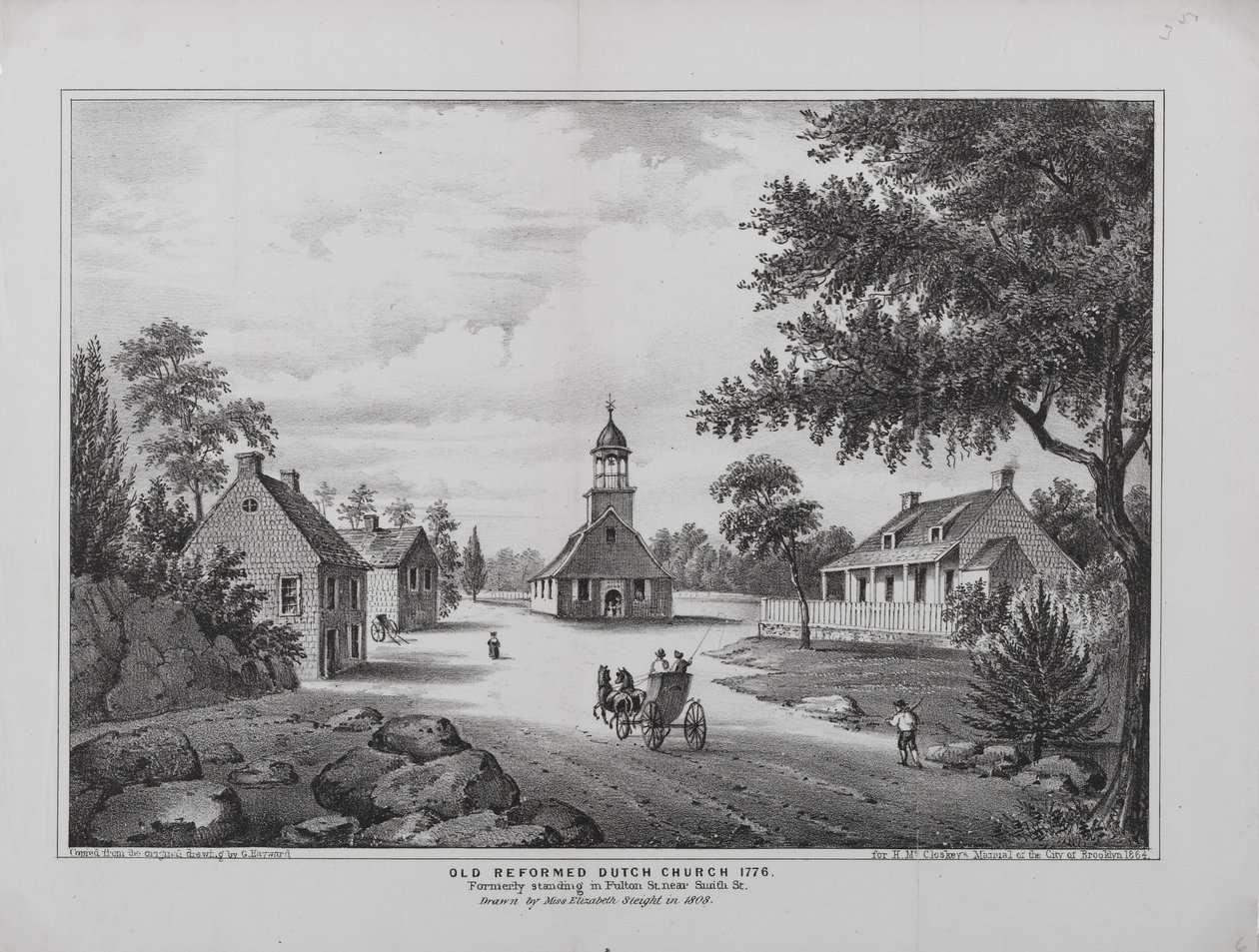 Antiga Igreja Holandesa Reformada em 1776, desenhada pela Miss Elizabeth Sleight em 1808, imprimida por H. McCloskeys Manuel da Cidade de Brooklyn, 1864 de G. after Hayward