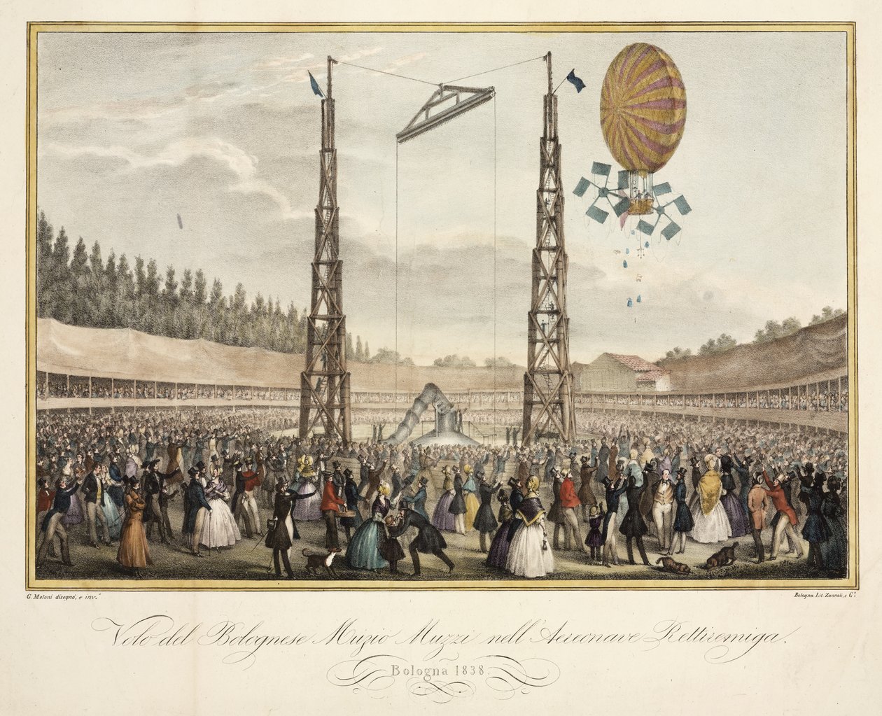 Voo do bolonheso Muzio Muzzi (1809-46) no Airship Retirremiga, 1838 de G. after Meloni