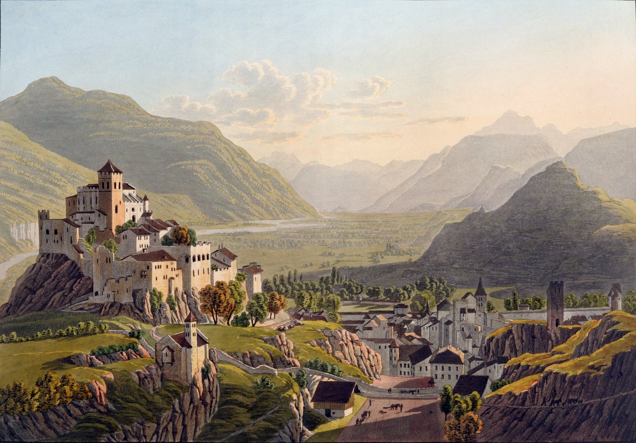 Vista, de, sion, ilustração, de, catita, viagem, de, genebra, para, milão, publicado, basle, 1819 de Mathias Gabriel Lory