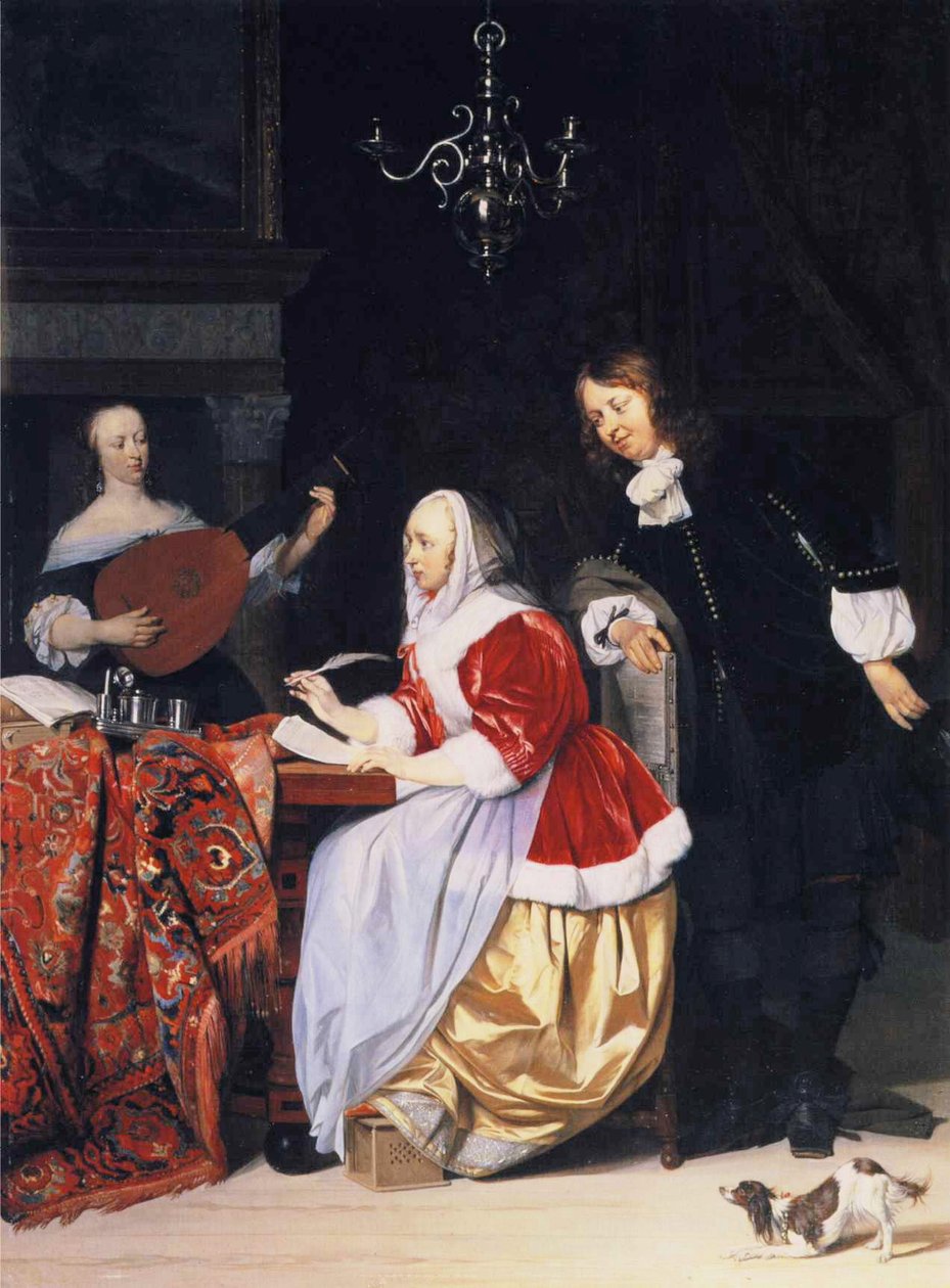 Um, mulher jovem, compondo música de Gabriel Metsu