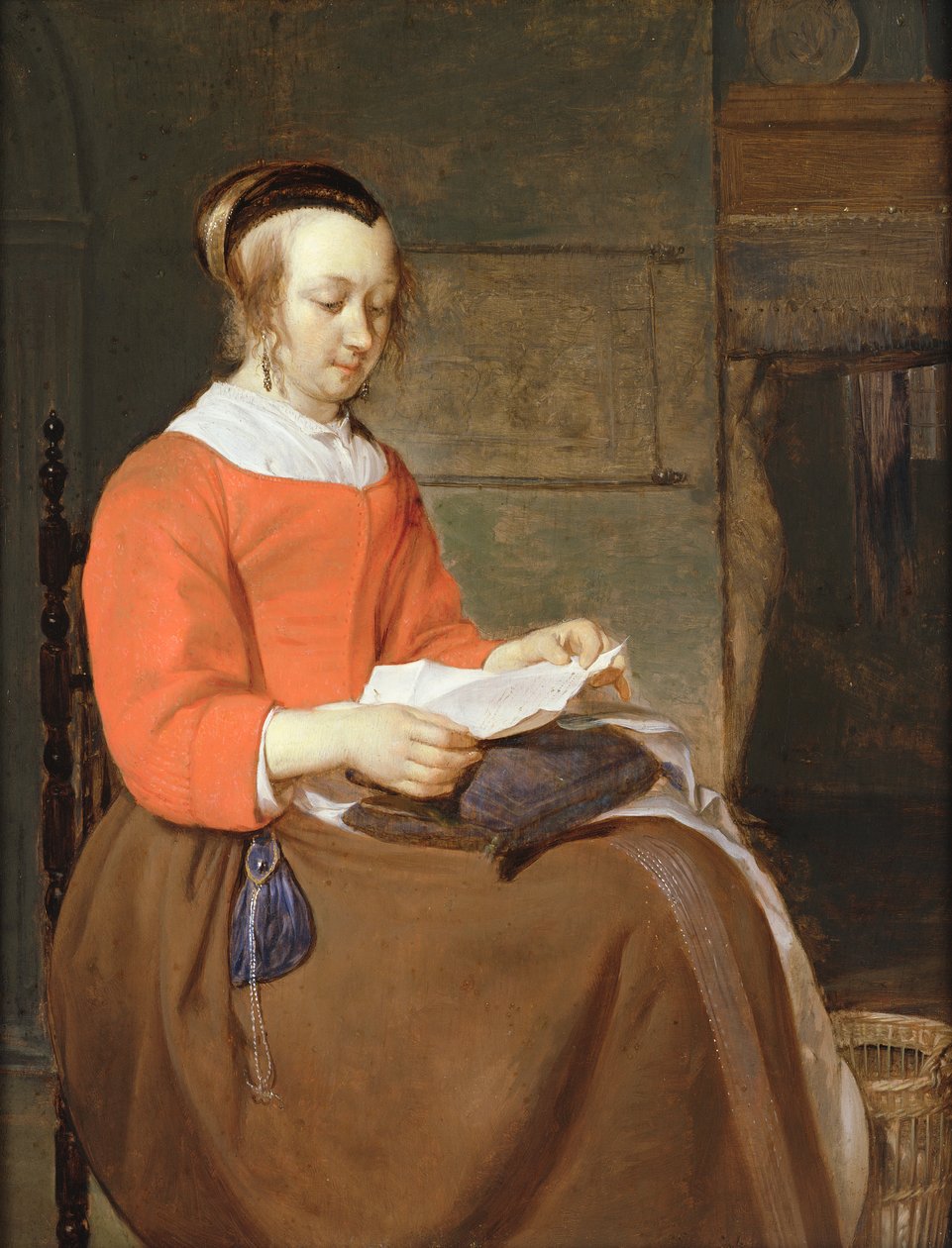Um, mulher jovem, sentada, em, um, interior, leitura uma carta de Gabriel Metsu