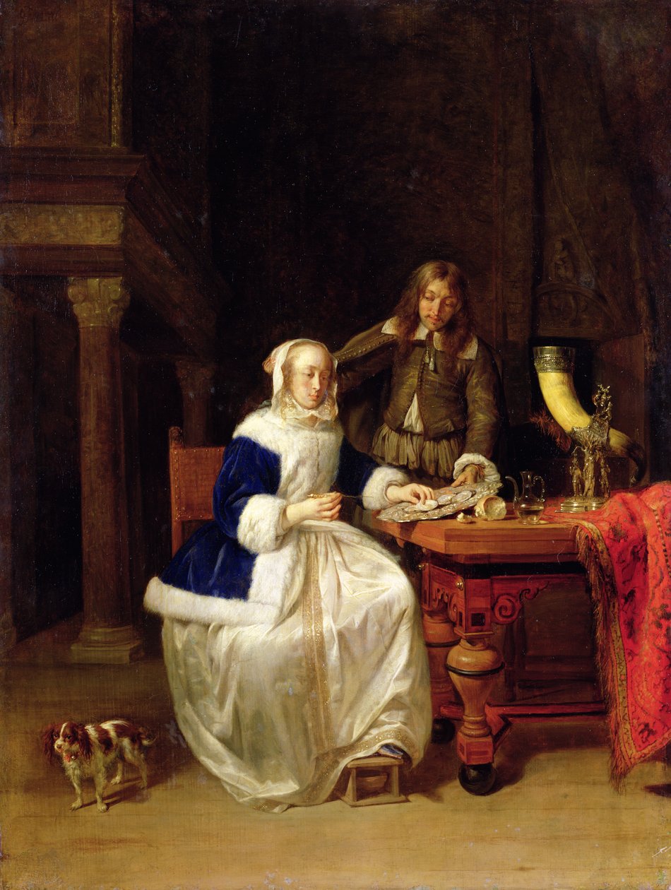 Café da manhã, c.1600 (óleo sobre madeira) de Gabriel Metsu