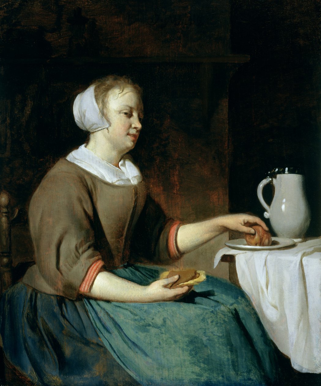 Retrato de uma menina sentada em uma mesa de Gabriel Metsu