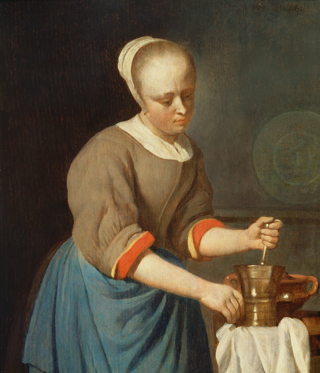 Menina jovem, com, um, pilão, e, morteiro de Gabriel Metsu