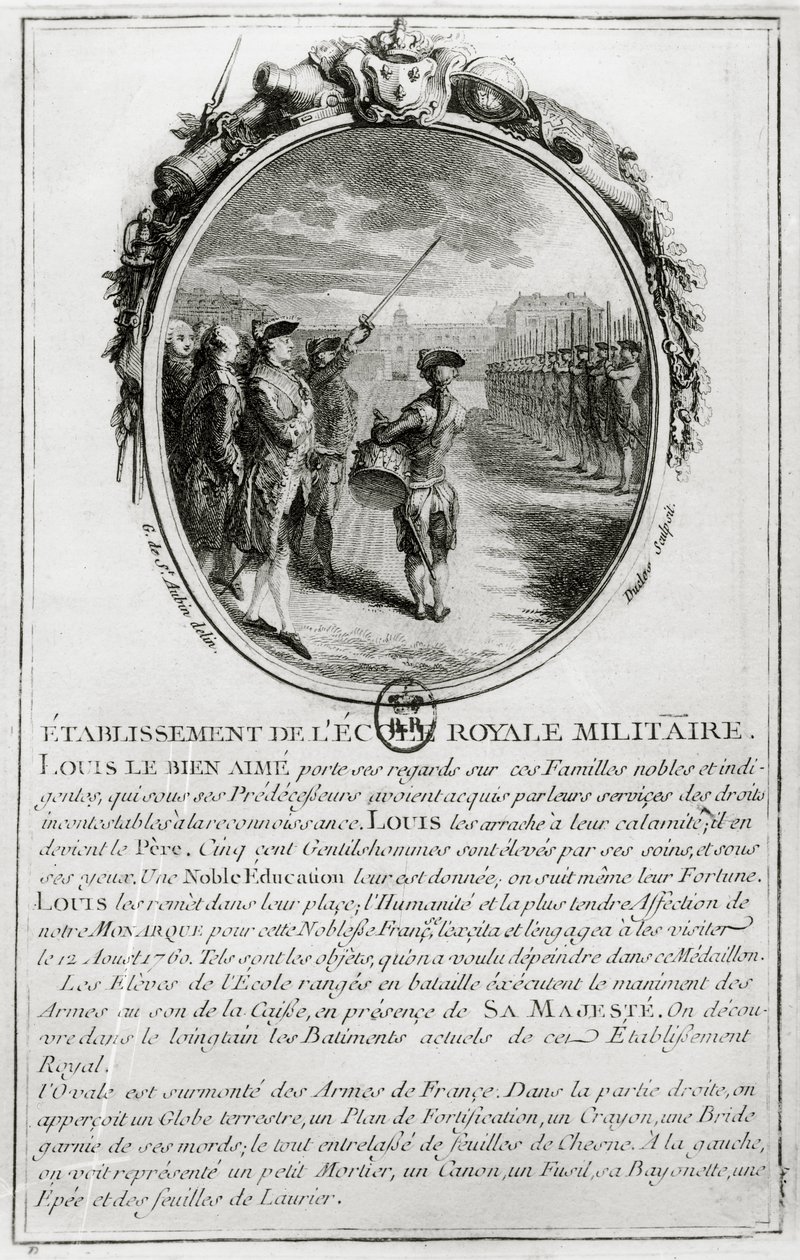 Luís XV (1710-74) Visita à École Militaire em Paris, em 12 de agosto de 1760, gravado por Antoine Duclos (1742-97) de Gabriel de Saint Aubin