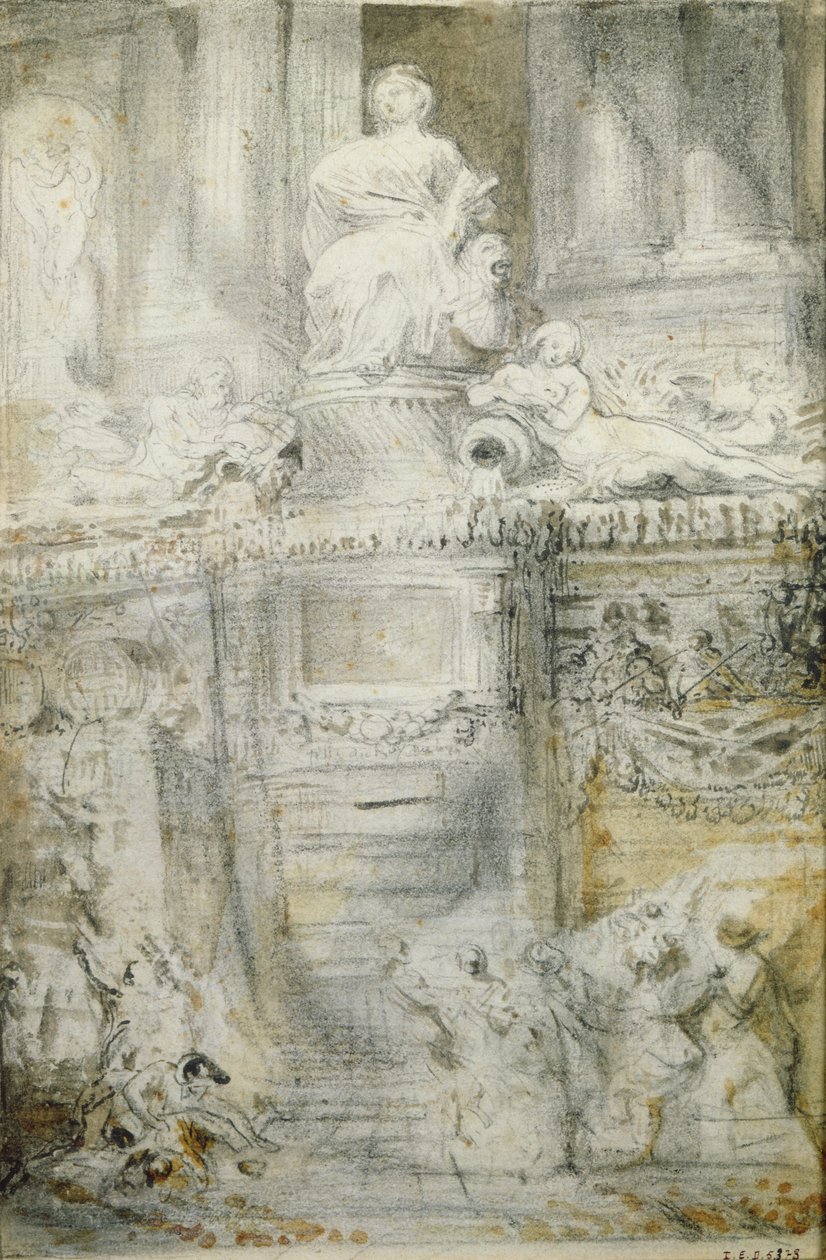 A Fonte na Rue de Grenelle, 1777 (caneta e tinta sobre papel) de Gabriel de Saint Aubin