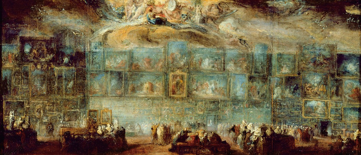 Vista do salão no Louvre, 1779 (óleo sobre papel colocado sobre tela) de Gabriel de Saint Aubin
