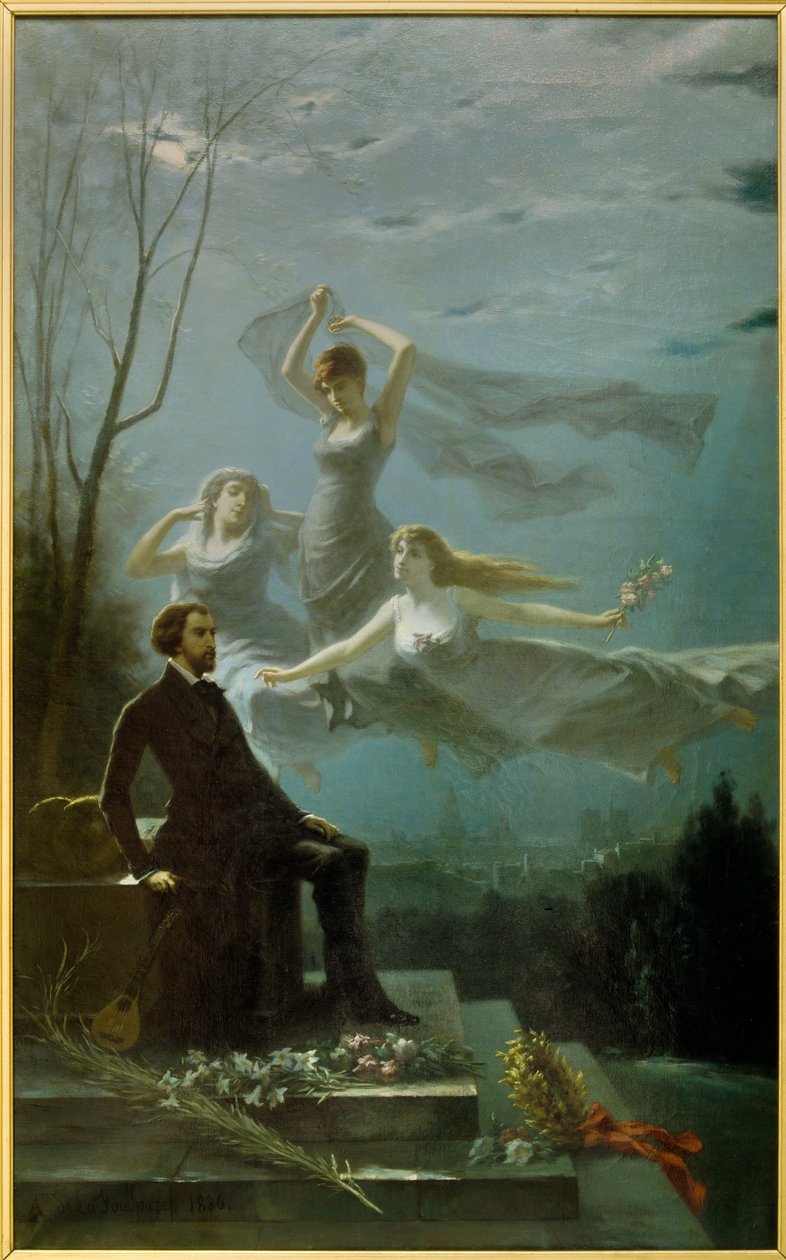 Romantismo: "As Noites de Musset" O poeta francês Alfred de Musset (1810-1857) inspira-se nas Musas para a escrita de "As Noites" Pintura de Gabriel Aimable de la Foulhouze (1825-1887). 1886 Óleo sobre tela Clermont Ferrand (Clermont-Ferrand). Roger de Gabriel Amable de Lafoulhouze