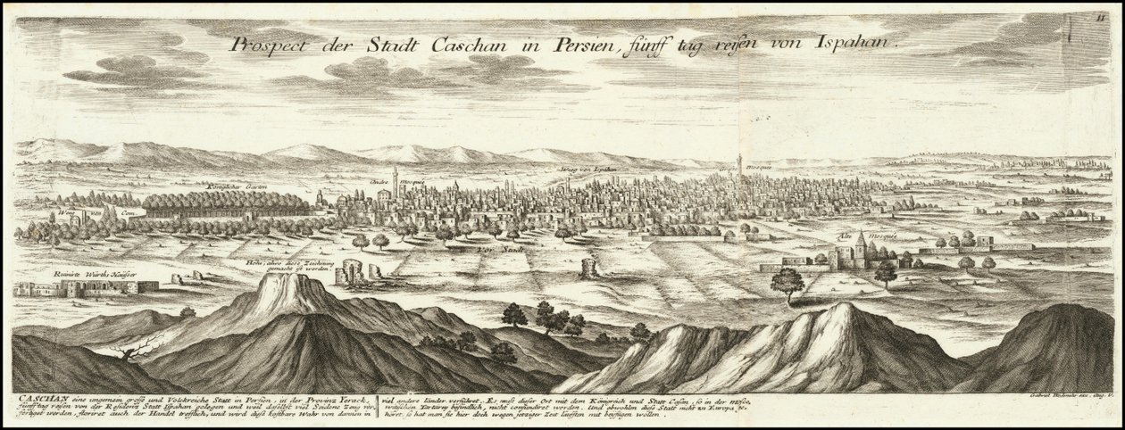 Ilustração de 1720 - Perspetiva da cidade de Cashan, na Pérsia, a cinco dias de viagem de Ispahan de Gabriel Bodenehr