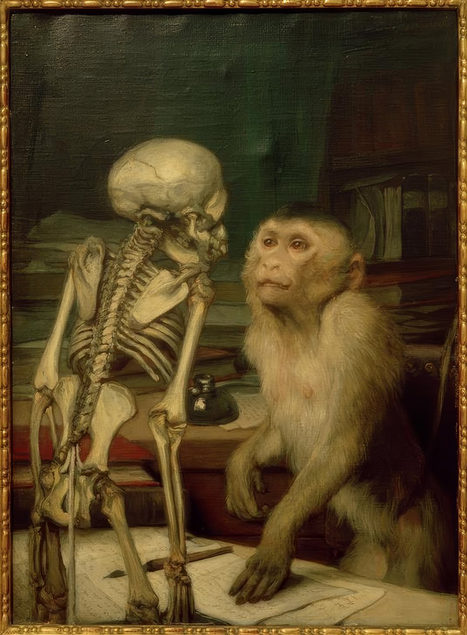 Macaco na frente do esqueleto de Gabriel Cornelius Ritter von Max