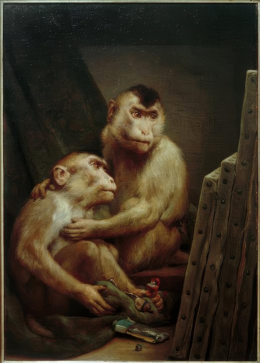 Macacos olham pinturas de Gabriel Cornelius Ritter von Max