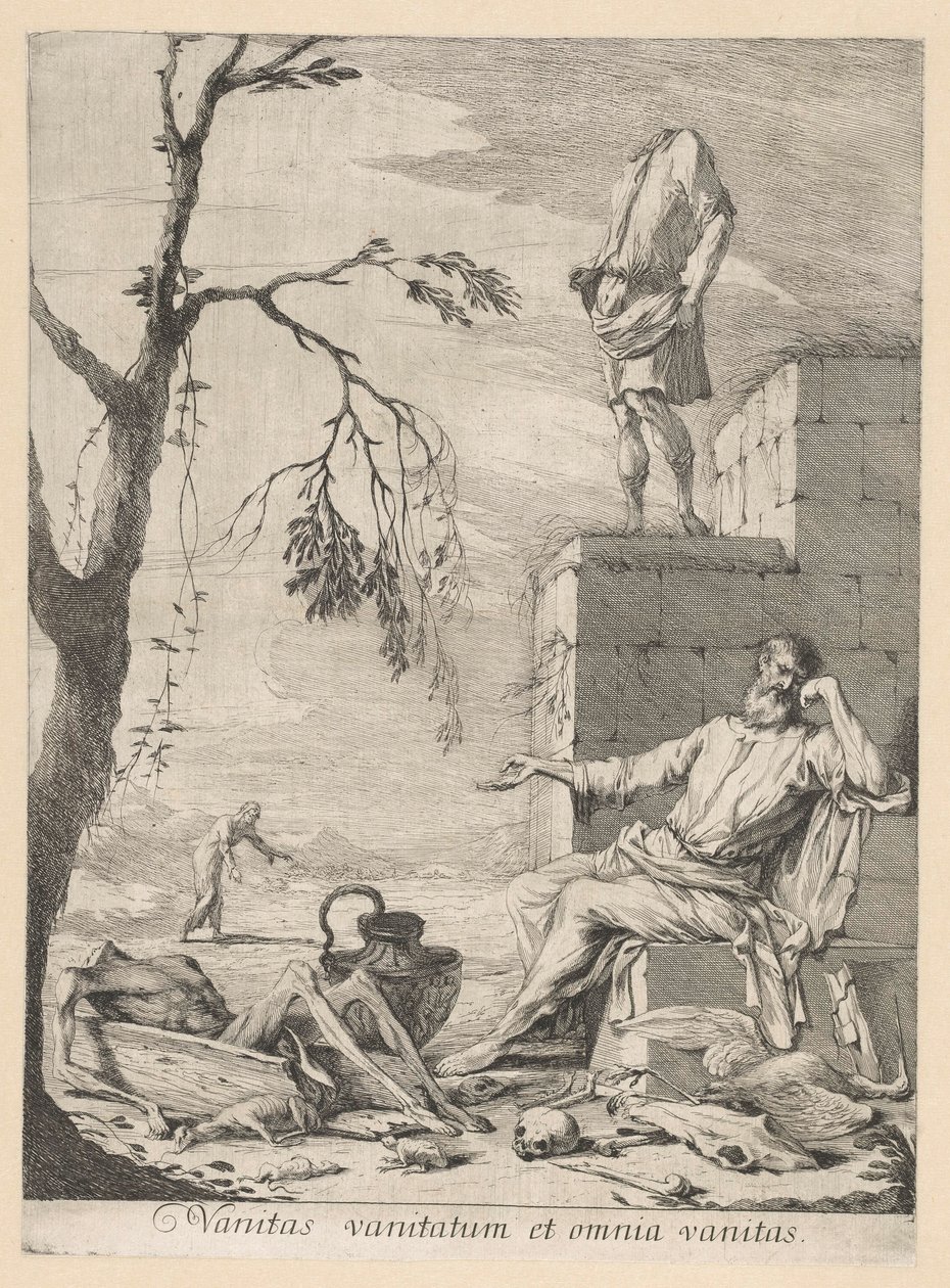 Filósofo chorão rodeado de simbolismo vanitas de Gabriel Ehinger