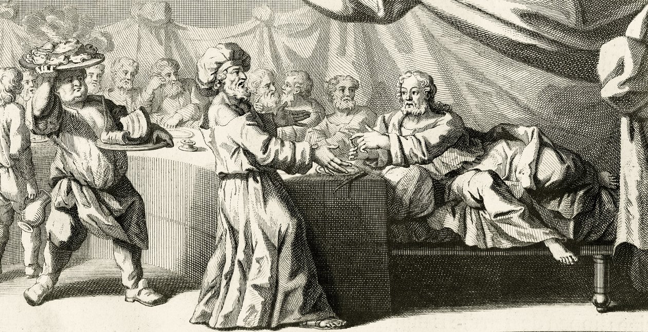 Jesus convidou para jantar com o fariseu, ilustração do Evangelho de São Lucas, capítulo 11:37, 1728 de Gabriel Francois Louis Debrie