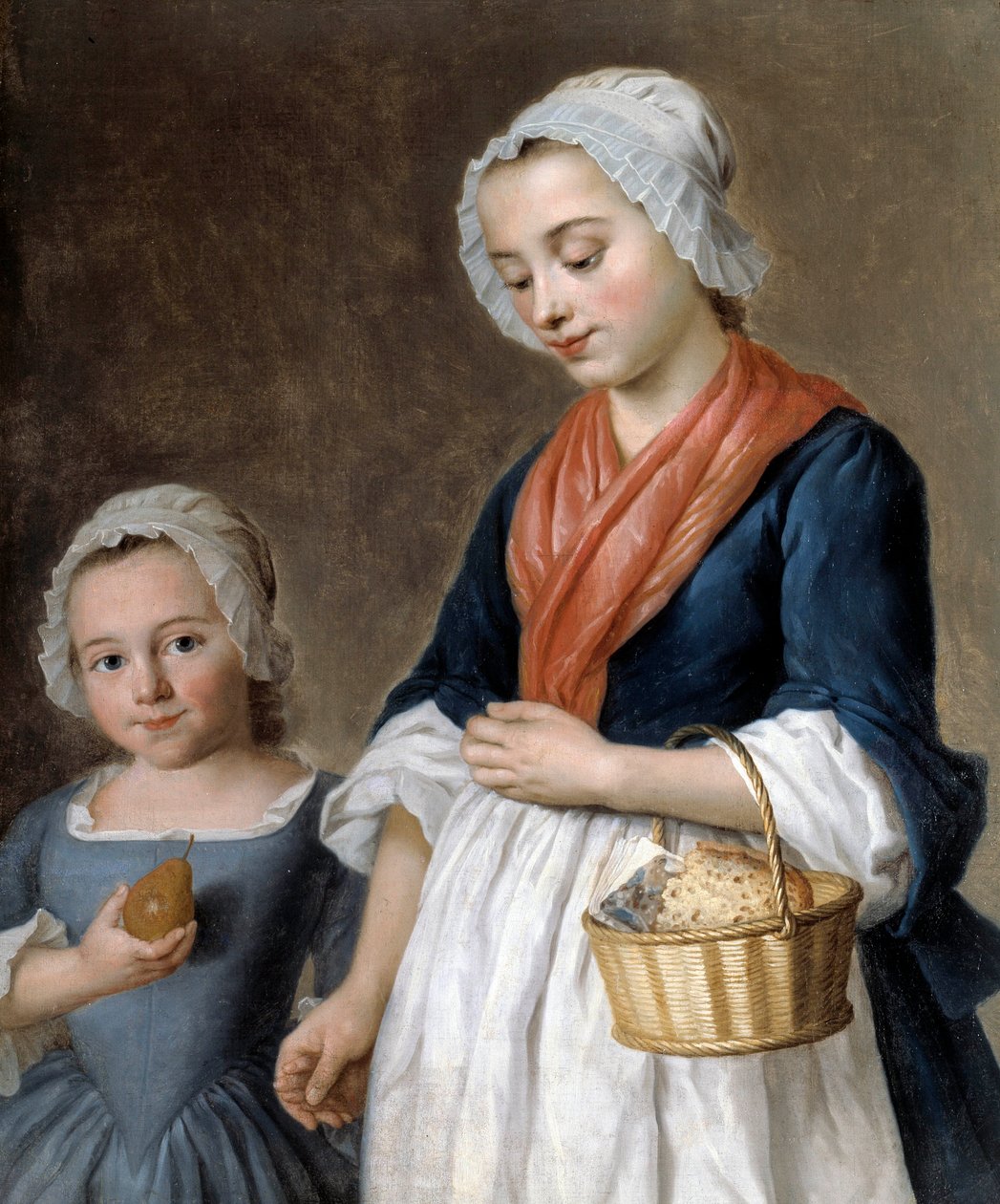 Menina a conduzir na classe A mãe segurando o gosto da sua filhinha num cesto. Detalhe de uma pintura de Gabriel Gresly (1712-1756) de Gabriel Gresly