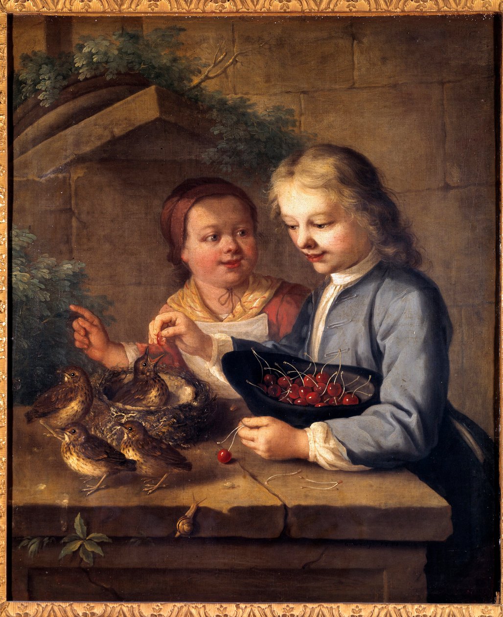 O becquee das crianças Dexu dá cerejas aos pássaros. Pintura de Gabriel Gresly (1712-1756) século 18 Dijon, Museu de Belas Artes de Gabriel Gresly