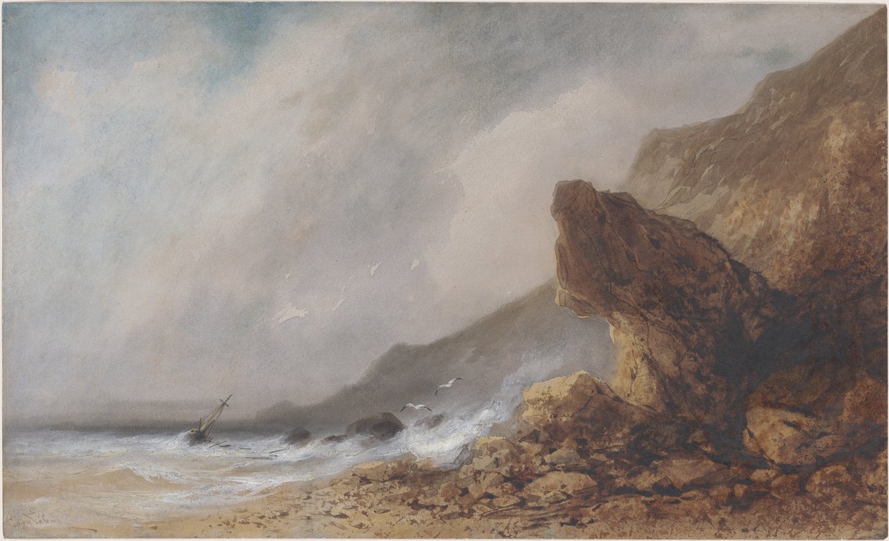 Um litoral rochoso em uma tempestade de Gabriel Hippolyte Lebas