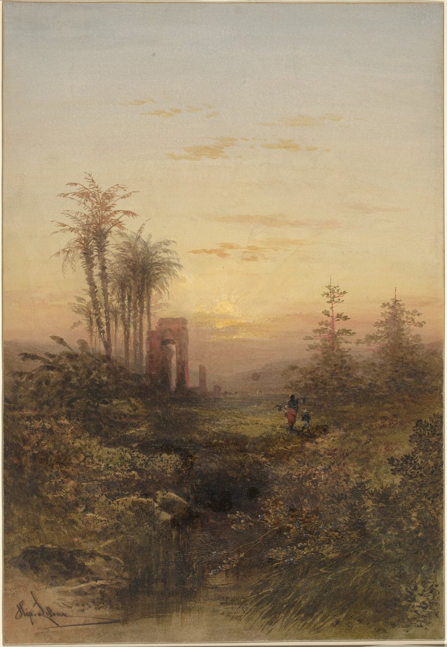 Pôr do sol em uma paisagem oriental de Gabriel Hippolyte Lebas