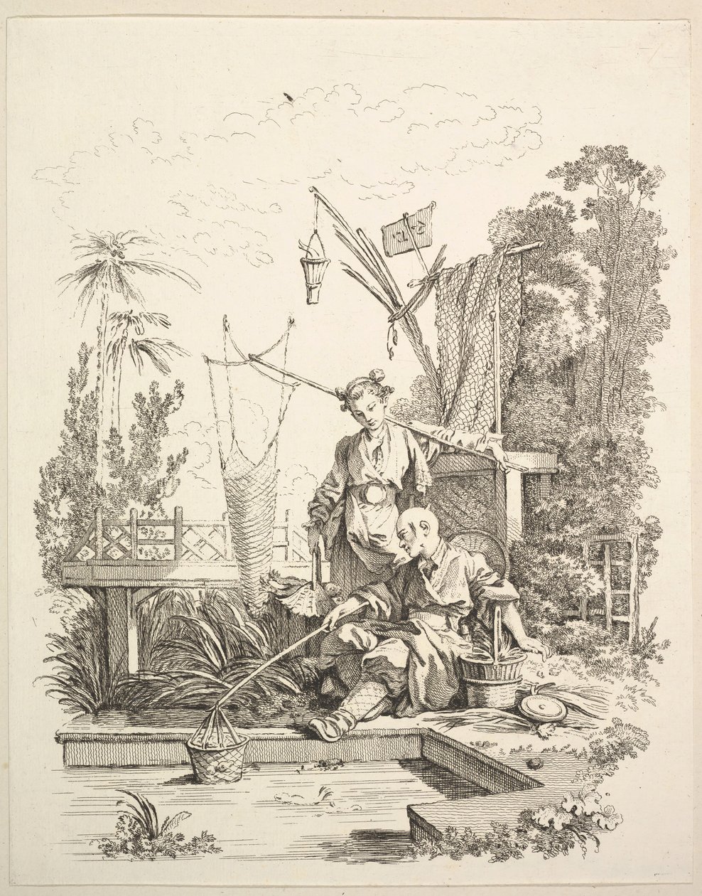 Um homem chinês e uma mulher pescando junto a um viveiro de peixes, século XVIII. de Gabriel Huquier