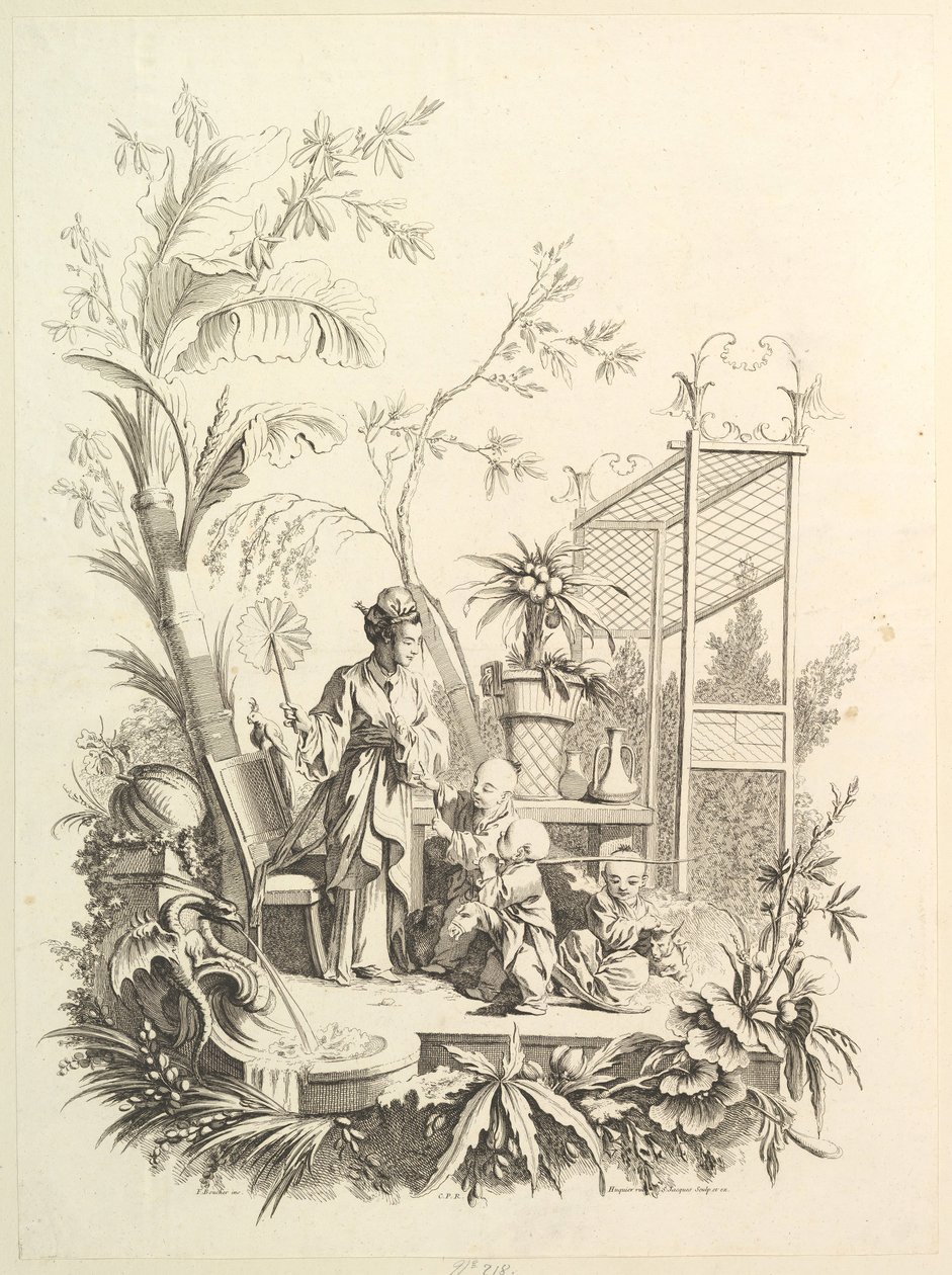 Chinoiserie com figuras em uma paisagem, século XVIII. de Gabriel Huquier