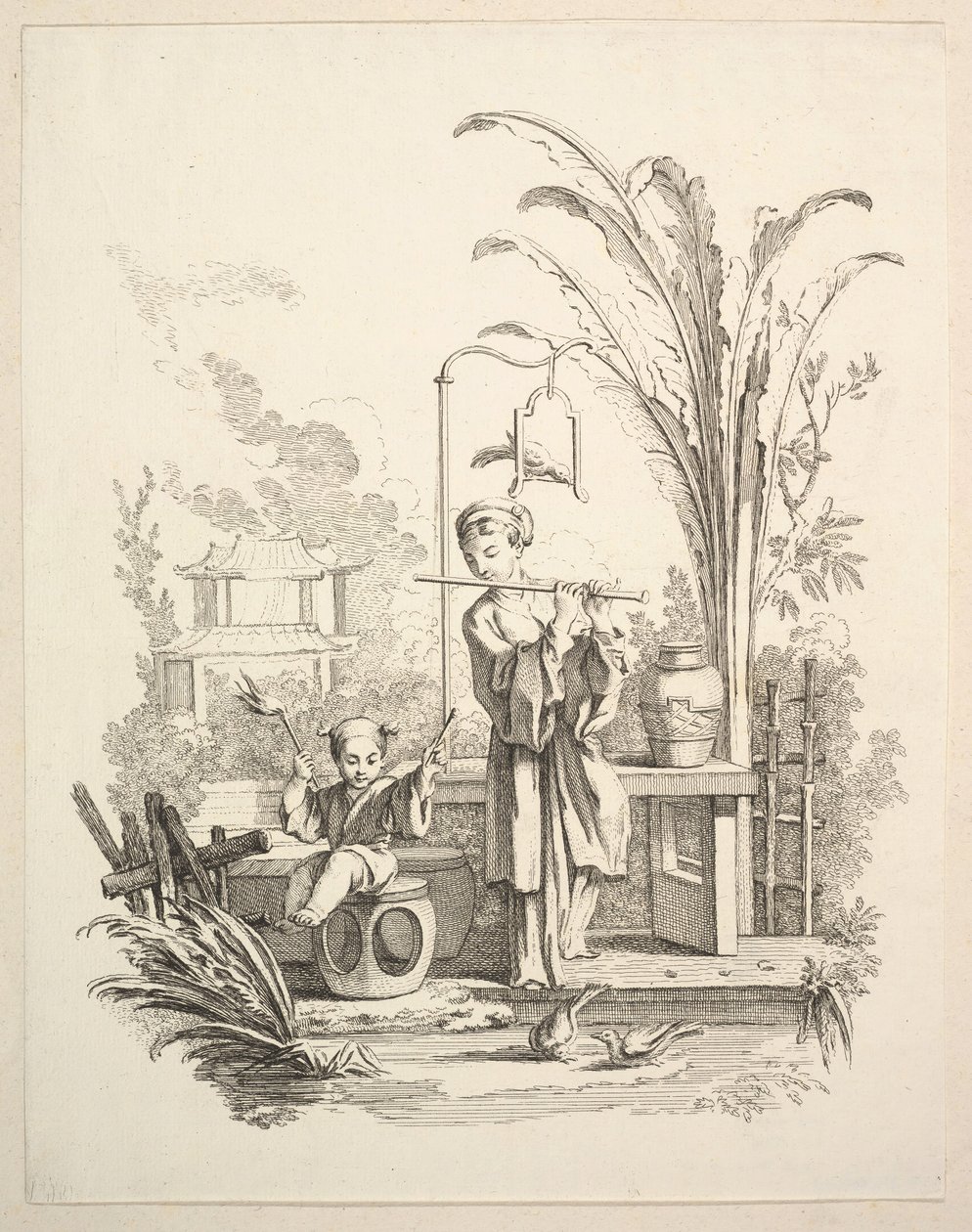 Flautista e um timpanista infantil, ca. 1742. de Gabriel Huquier