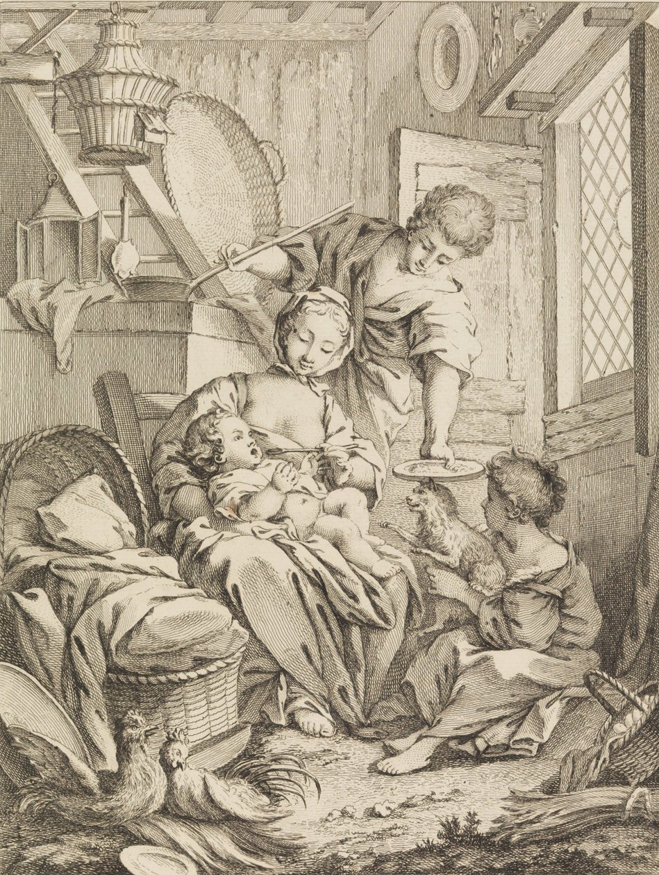 Ilustração 1: Jovem alimentando seu bebê, do Premier Livre de Subjects et Pastorales Fi..., 1720-72. de Gabriel Huquier