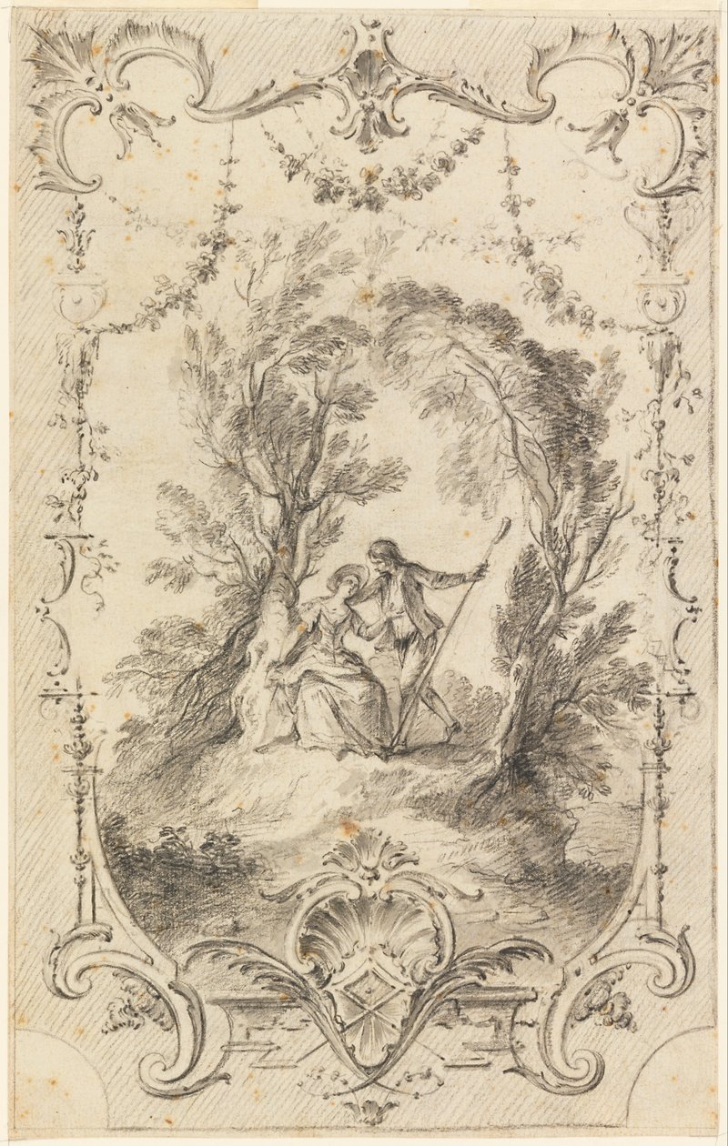 O pastor de Eagar (desenho preparatório para a chapa 247 em L&39;Oeuvre gravé de Watteau, 1739) de Gabriel Huquier