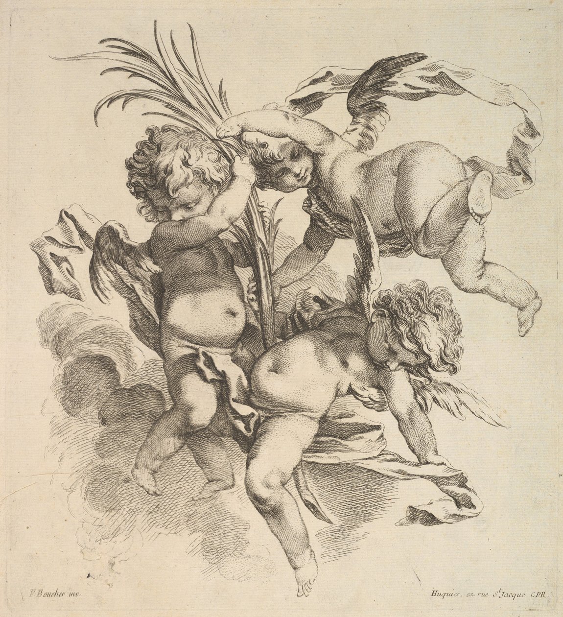 Três crianças entre nuvens perto de uma folha de palmeira, 1738-45. de Gabriel Huquier