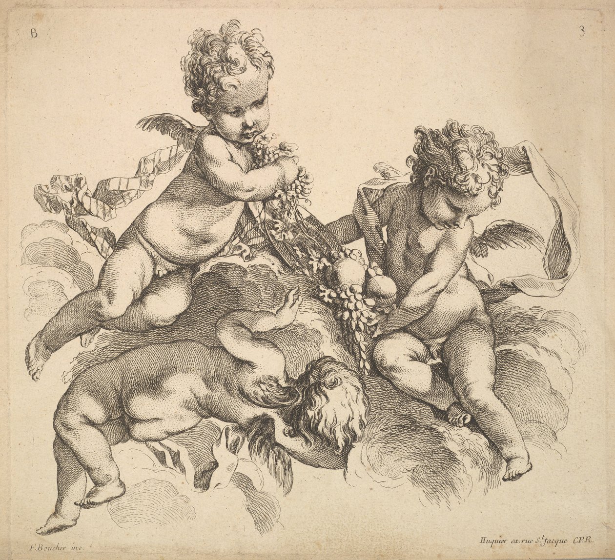 Três crianças com um prato de frutas, 1738-45. de Gabriel Huquier