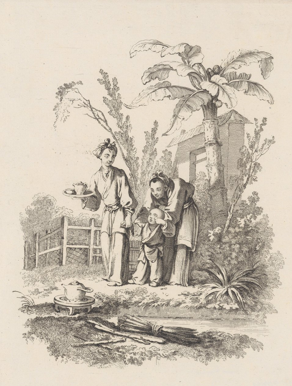 Duas mulheres levando uma criança em direção a um bule em uma mesa perto de uma lagoa, ca. 1742. de Gabriel Huquier