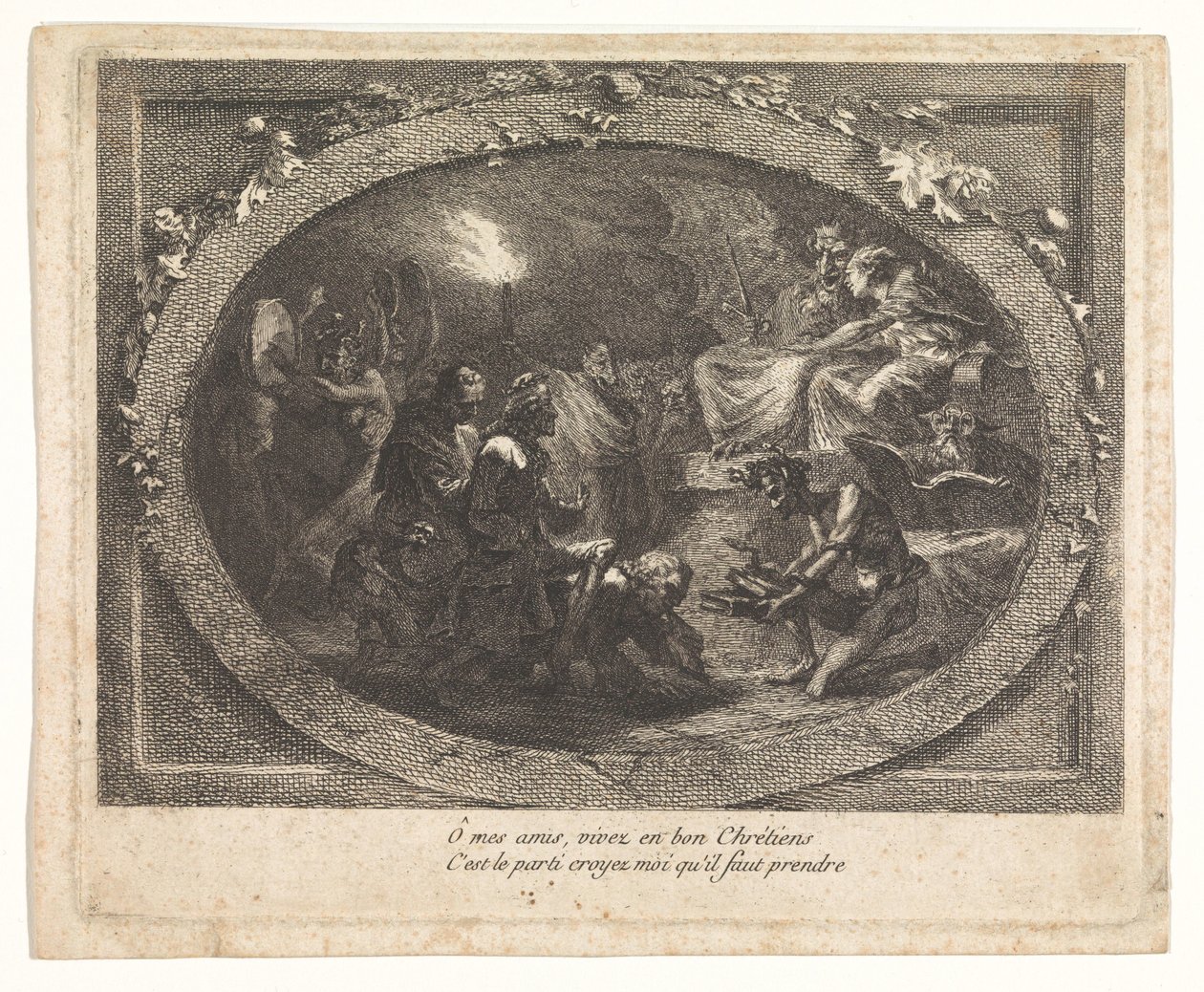 Voltaire chegou ao inferno de Gabriel Jacques de Saint Aubin (school of)