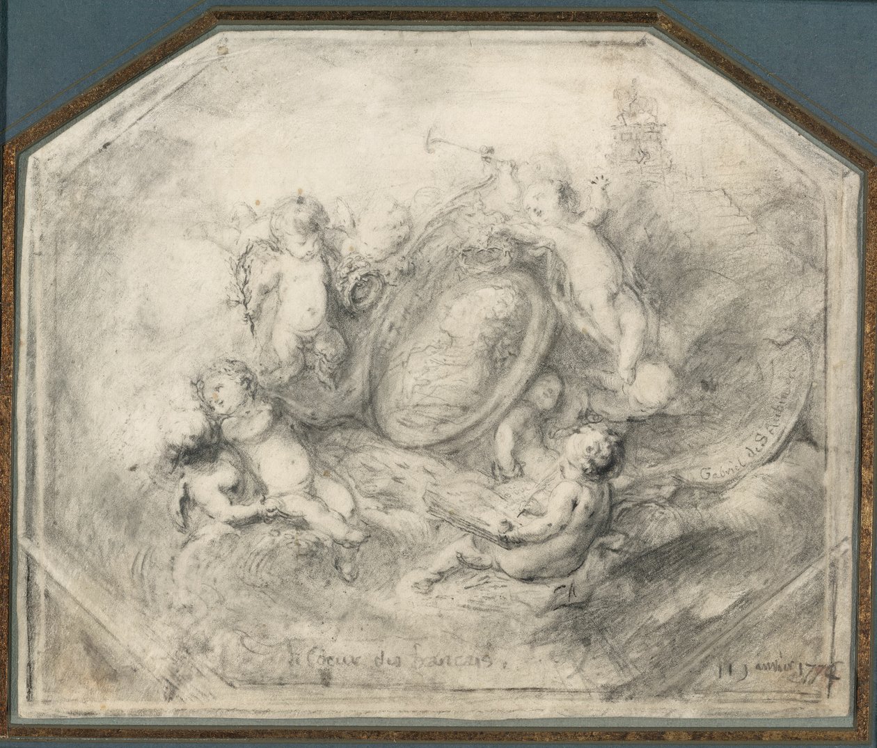 Um medalhão de retrato do rei Luís XV cercado por Putti carregando os atributos de fama e história de Gabriel Jacques de Saint Aubin