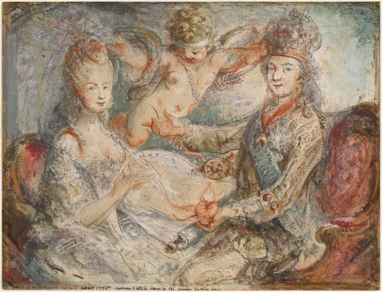 Luís XVI e Maria Antonieta coroados pelo amor de Gabriel Jacques de Saint Aubin
