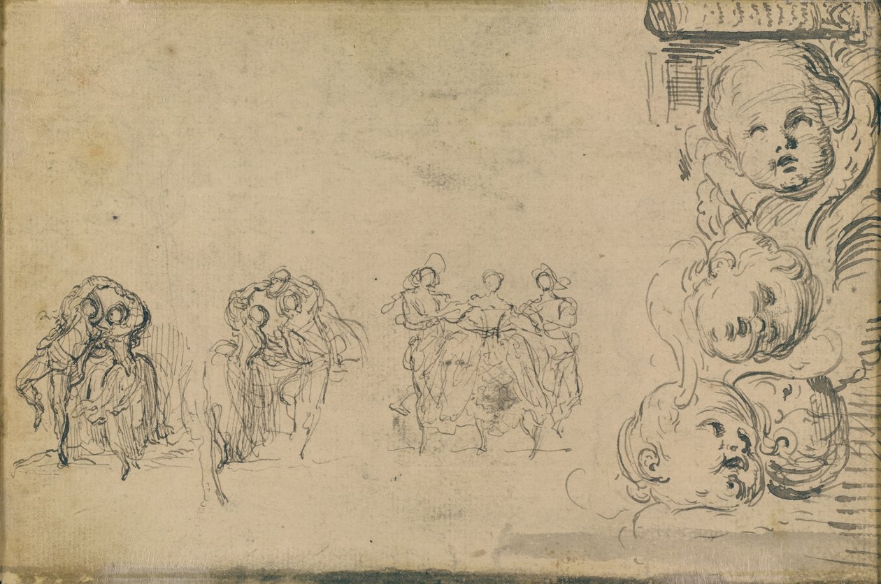 Esboços de dançarinos e cabeças de Putti de Gabriel Jacques de Saint Aubin