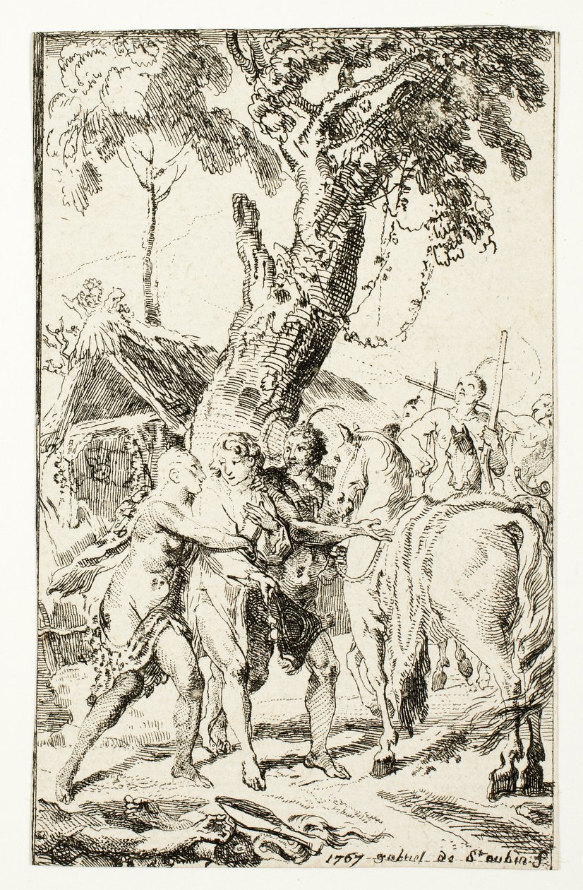 A Fuga de M. de Belle-Isle, Prisioneiro nos Attakapas, placa quatro de Les Nouveaux Voyages aux Indes Occidentales de Gabriel Jacques de Saint Aubin