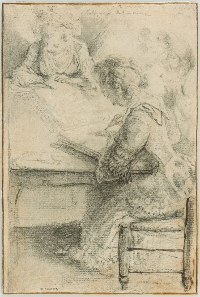 Três mulheres jovens a desenhar à mesa de Gabriel Jacques de Saint Aubin