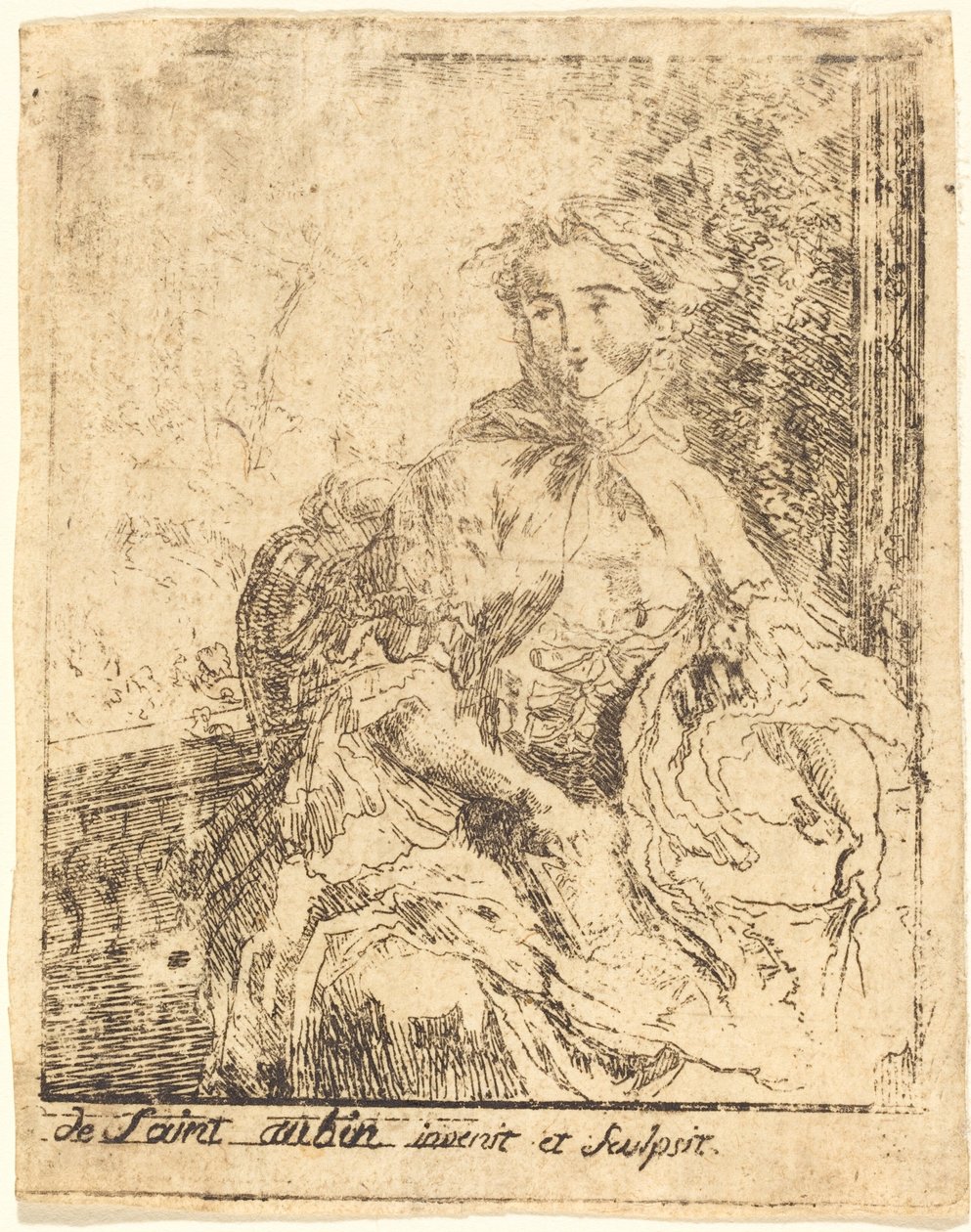 Mulher jovem no terraço de Gabriel Jacques de Saint Aubin