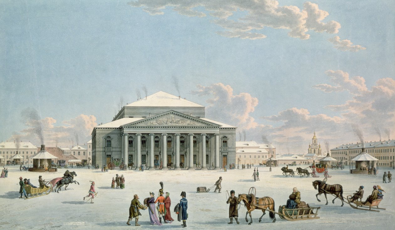 O Teatro Bolshoi, São Petersburgo, por Gabriel ou Matthias Lory, c.1800, segundo uma pintura de Johann Georg de Mayr, c.1790 (gravura) de Gabriel L. & Lory Mathias G. (1784-1846) Lory