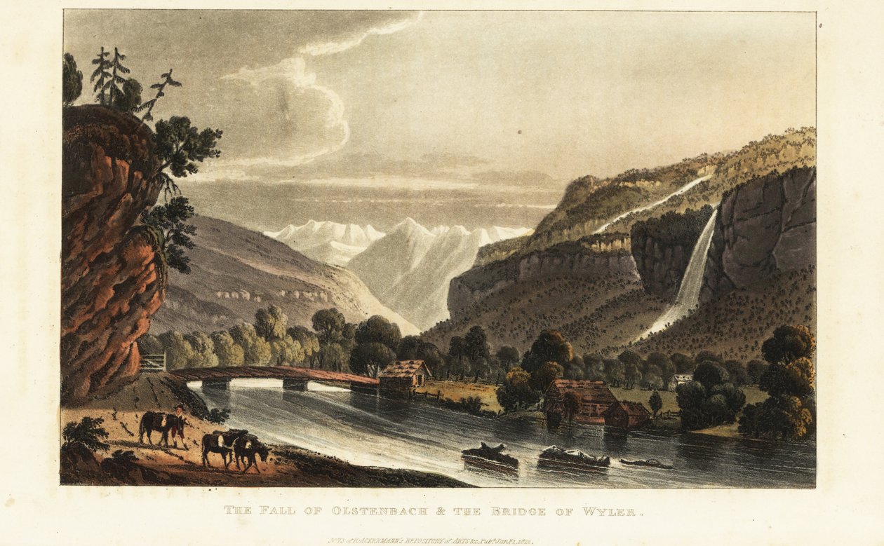 Vista dos glaciares; alpes; cascata e ponte sobre o Gadmerwasser em Wiler; Alpes de Oberland Bernese, Suíça de Gabriel Ludwig (after) Lory